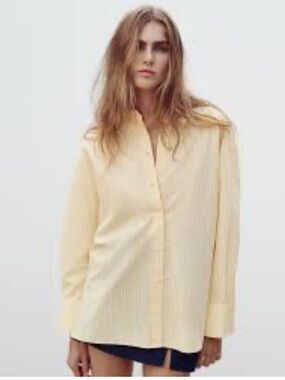 Zara Yellow and White Striped Button- Down oversized Blouse Sz M